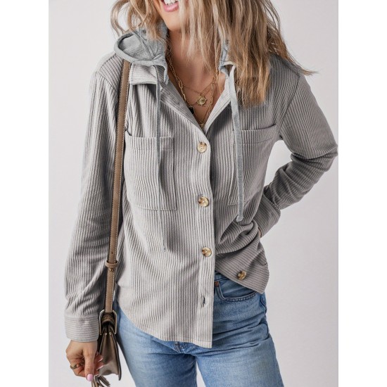 Plus Size Hooded Corduroy Shacket Jacket, Casual Polyester Blend Coat, Solid Color Block Design, Non-Stretch Fabric, with Drawstring, Button Down Vest for Spring/Fall Plus Size Hooded Corduroy Shacket Jacket, Casual Polyester Blend Coat, Solid Color Block Design, Non-Stretch Fabric, with Drawstring, Button Down Vest for Spring/Fall