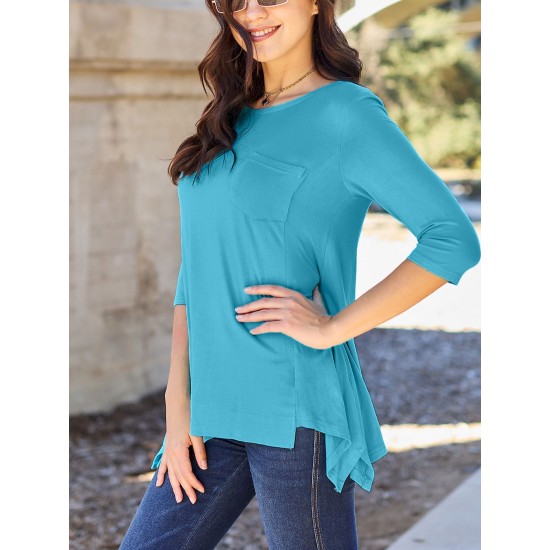 Soft & Stretchy Women's Casual T-Shirt - Solid Pink with Asymmetrical Hem, Round Neck, and Pocket Detail - Perfect for Spring/Summer Soft & Stretchy Women's Casual T-Shirt - Solid Pink with Asymmetrical Hem, Round Neck, and Pocket Detail - Perfect for Spring/Summer