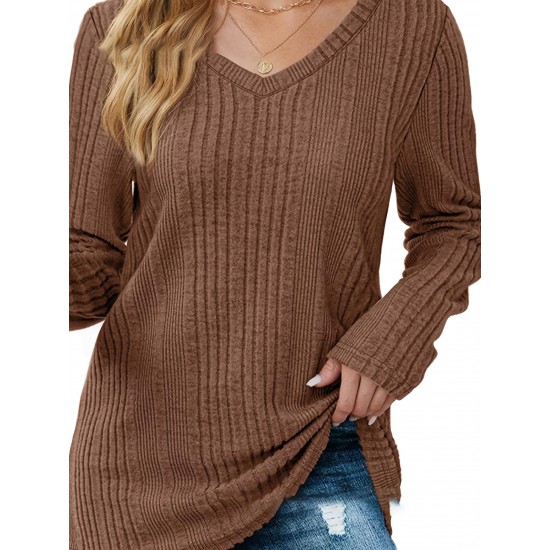 Women's Casual V-Neck Sweater - Solid Color, Ribbed Long Sleeve Knit Pullover, Machine Washable Women's Casual V-Neck Sweater - Solid Color, Ribbed Long Sleeve Knit Pullover, Machine Washable
