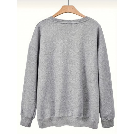 Plus Size Letter Print Sweatshirt, Crew Neck Casual Sweatshirt For Fall & Spring, Women's Plus Size Clothing Plus Size Letter Print Sweatshirt, Crew Neck Casual Sweatshirt For Fall & Spring, Women's Plus Size Clothing