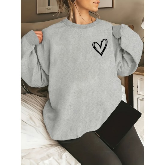Plus Size Heart Print Pullover Sweatshirt, Casual Long Sleeve Crew Neck Sweatshirt For Fall & Spring, Women's Plus Size Clothing Plus Size Heart Print Pullover Sweatshirt, Casual Long Sleeve Crew Neck Sweatshirt For Fall & Spring, Women's Plus Size Clothing