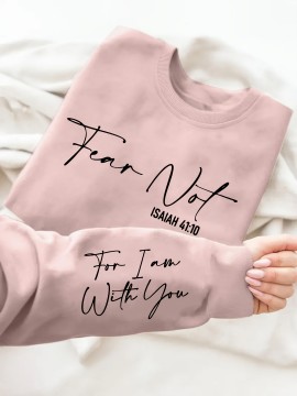 Plus Size Fear Not Print Pullover Sweatshirt, Casual Long Sleeve Crew Neck Sweatshirt For Fall & Winter, Women's Plus Size Clothing