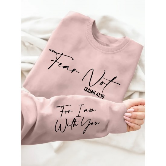 Plus Size Fear Not Print Pullover Sweatshirt, Casual Long Sleeve Crew Neck Sweatshirt For Fall & Winter, Women's Plus Size Clothing Plus Size Fear Not Print Pullover Sweatshirt, Casual Long Sleeve Crew Neck Sweatshirt For Fall & Winter, Women's Plus Size Clothing