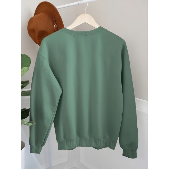 Plus Size Casual Crew Neck Sweatshirt with Alphabet Print, 100% Polyester Knit Fabric, Slight Stretch Pullover for All Seasons Plus Size Casual Crew Neck Sweatshirt with Alphabet Print, 100% Polyester Knit Fabric, Slight Stretch Pullover for All Seasons