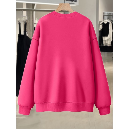 Plus Size Casual Crew Neck Sweatshirt with Alphabet Print, 100% Polyester Knit Fabric, Slight Stretch Pullover for All Seasons Plus Size Casual Crew Neck Sweatshirt with Alphabet Print, 100% Polyester Knit Fabric, Slight Stretch Pullover for All Seasons
